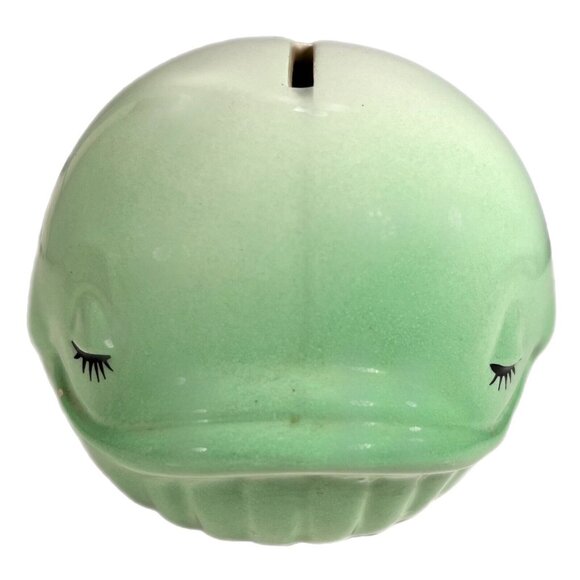 Ceramic Pottery Green Whale Coin Savings Bank with Plug Eyelashes Taiwan HTF - Picture 3 of 12